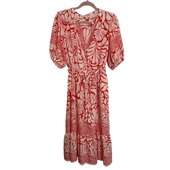 FIG + FLOWER Dresses & Skirts - Fig + Flower Anthropologie Tiered Midi‎ Dress Size XL Orange White Batik Print